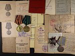 Řád rudé hvězdy č.1340424, Medaile za bojové zásluhy č.1014026, Medaile za dobytí Královce, Medaile za vítězství nad Německem, průkazy a různé dokumenty