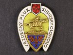 Odznak 2. jezdeckého pluku Sibiřského Olomouc, na reversu značka výrobce Karnet Kyselý Praha, upínání na vodorovnou jehlu, 56,5x43 mm, originální etue
