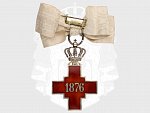 Řád srbského družstva Červeného kříže z roku 1876, na dámské stuze, na kroužku punc Ag a ryzostní značka 800