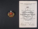 Odznak Průkopník socialistické práce č.39 + dekret, výroba Mincovna Kremnice, vzácné