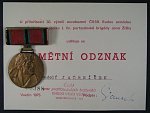 Pamětní medaile I. ČS partyzánské brigády Jana Žižky z Trocnova k 30 výročí osvobození + dekret