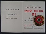 Odznak vzorný kolektiv SNB, III. stupeň, připínání na šroub + průkaz