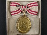 Bronzová čestná medaile Za zásluhy o Červený Kříž s válečnou dekorací na dámské stuze, původní etue
