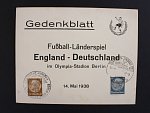 pam. list s vylepenymi zn. Hindenburg a pam. raz. BERLIN SPANDAU 1 - Fussball - Länderspiel England - Deutschland 14.5.38