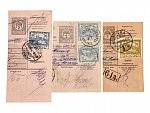sestava 3 ks ústřižků pošt. průvodek s natištěnou uherskou zn. 2fil. dofrank. zn. Hradčany č. 10a (2x) s raz. BESZTERCEBANIA 1.JUL.1919 (Banská Bystrica), resp. dofrank. zn. č. 10 s -