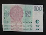100 Kč 2019 s. M 01, M 02 a M 05 s přítiskem ČNB 100 LET Kč 1919 - 2019 - trojice bankovek se stejným číslem, ale jinou sérií