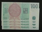 100 Kč 2019 s. M 01, M 03, M 05 a M 06 s přítiskem ČNB 100 LET Kč 1919 - 2019 - čtveřice bankovek se stejným číslem, ale jinou sérií