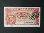 5 Kčs 1945 série Z/Z 000000 anulát s pečetí De La Rue, ručně číslo 35