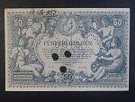 50 Gulden 1884, dobový tištěný padělek, znehodnocený perforací FALSO a třemi otvory 7mm, ink. tužkou