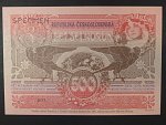 500 Kčs 1919 série 001 bez čísla s perforací SPECIMEN novotisk vydaný STC pro ČNB ke 160.výročí narození Alfonse Muchy v Ivančicích, bez UV tisku