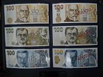sada 6 kusů pamětní 100 Kč 2019, 2022 a 2026, 3x vydané s 2x svisle perf. SPECIMEN a 3x nevydané s přítiskem nebo hologramem, náklad 500 ks