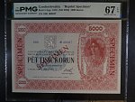 5000 Kč 1919 Novotisk s přetiskem Specimen - PMG 67, série 1, č. 47
