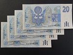 20 Kč 1994 s. A - 4 ks bankovek se stejným číslem, ale jinou sérií A 42 + A 46 + A 56 + A 62