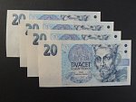 20 Kč 1994 s. A - 4 ks bankovek se stejným číslem, ale jinou sérií A 42 + A 46 + A 56 + A 62