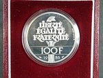 100 Frank 1986, Ag 0,999, 15g, průměr 31mm, certifikát, etue
