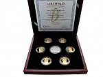 Proof sada 6ti pamětních 20 Kč mincí z roku 2018 a 2019 v dřevěné etui + Ag medaile s motivem vznik Československa, číslované sady, náklad 3000ks_