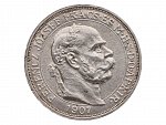 5 Koruna 1907 K.B., 40. výročí korunovace Františka Josefa I. za uherského krále v Budapešti, dr. hranky_