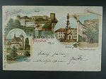 Jindřichův Hradec, bar. vícezáběrová litograf. pohl., prošlá 1899