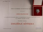 Odznak Zaslúžilý učiteľ, Slovenská verze, punc Ag, 900, značka výrobce MK, etue a dekret