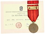 Medaile Za službu vlasti - ČSSR, udělovací průkaz