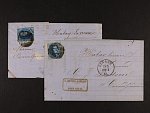 dva skl. dopisy z r. 1861 frank. zn. 20cent, znehodnoc. čís. raz. 33 a denním pod. raz. DINANT 20.3.61, resp. 24.6.61 + červené a modré firemní raz., dobrá kvalita