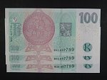 100 Kč 2019 s. M 01, M 03 a M 28 s přítiskem ČNB 100 LET Kč 1919 - 2019 - trojice bankovek se stejným číslem, ale jinou sérií
