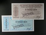 Pokladní potvrzenky 2000 Kč a 5000 Kč 1.2.1993 série A 0000000 bankovní vzory s přetiskem SPECIMEN, velmi vzácné