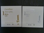 Zlatá a stříbrná replika 1 Kčs 1991, číslované č. 58, Au 986, 7,8g, Ag 925, 7,8g ,průměr 23 mm, limit 150ks (Au) a 200ks (Ag), dřevěné etue, certifikáty 