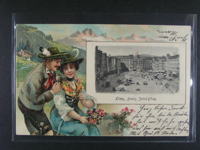 Linz - reliéfní litograf. koláž, dl. adresa, odlepená zn., použitá 1908