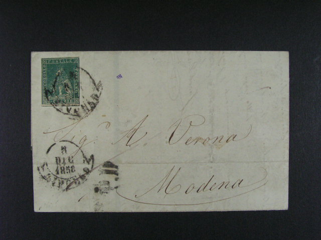 Toscana - skl. dopis z r. 1858 frank. zn. Sass. ?. 14, pod. raz. LIVORNO 5.12., 1000 EUR