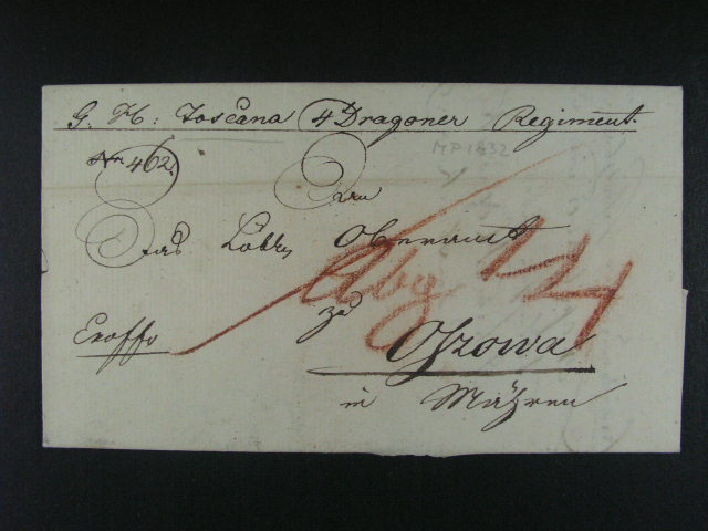 vojenský služební skl. dopis z r. 1832 do Osové Bytýšky odeslaný ze 4. Dragoner Regiment