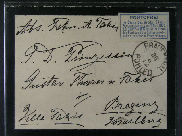 dopis odeslaný A. Thurn Taxisem do Bregenzu s nalepenou nálepkou PORTOFREI a pod. raz. FRAUENTHAL 26.6.1912