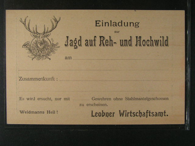 KL 5h vydání 1900 s firemním p?ítiskem Einladung zur Jagd ..., nepoužitý, dekorativní