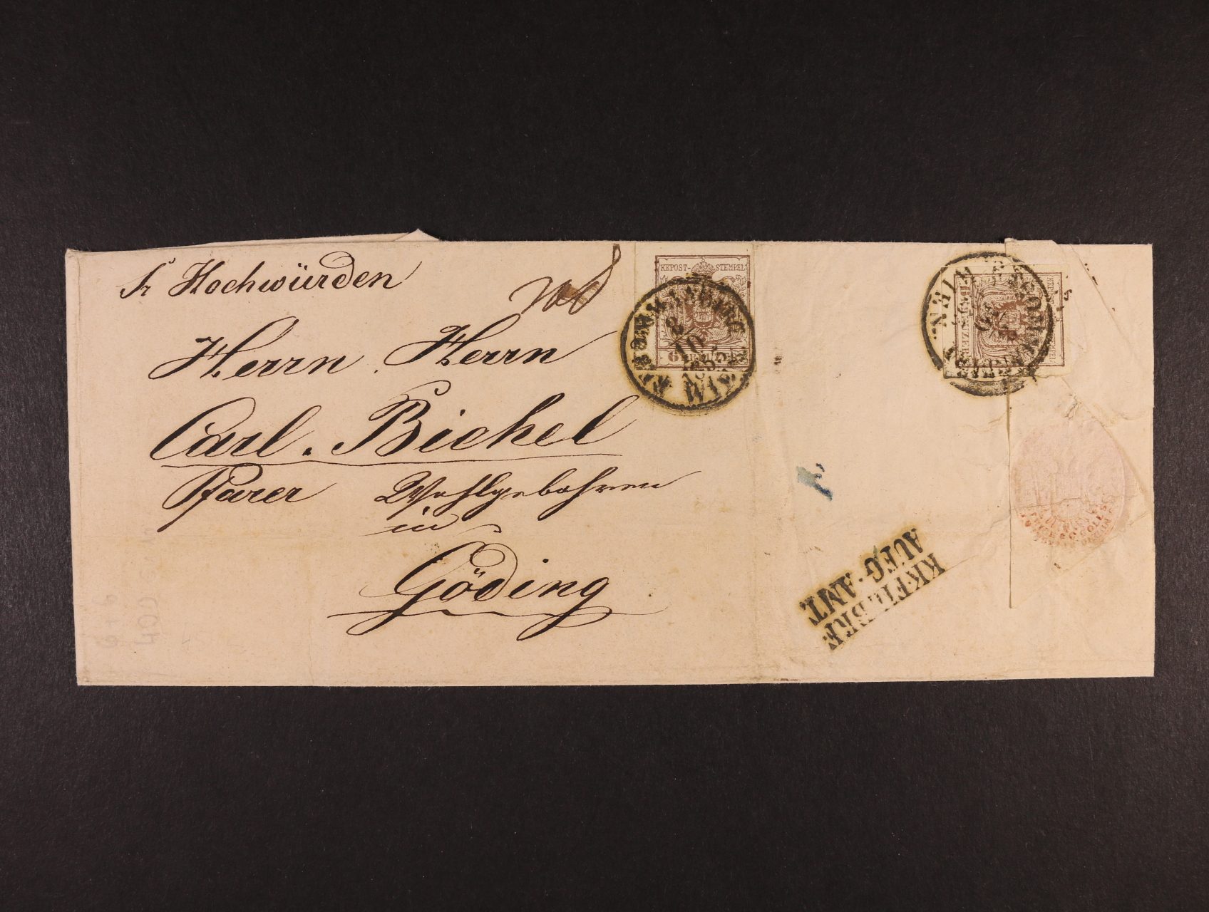 skl. R-dopis z r. 1853 frank. na přední i zadní str. zn. Fe. č. 4, pod. raz. RECOMANDIRT WIEN 8.10.1853, průch. raz.