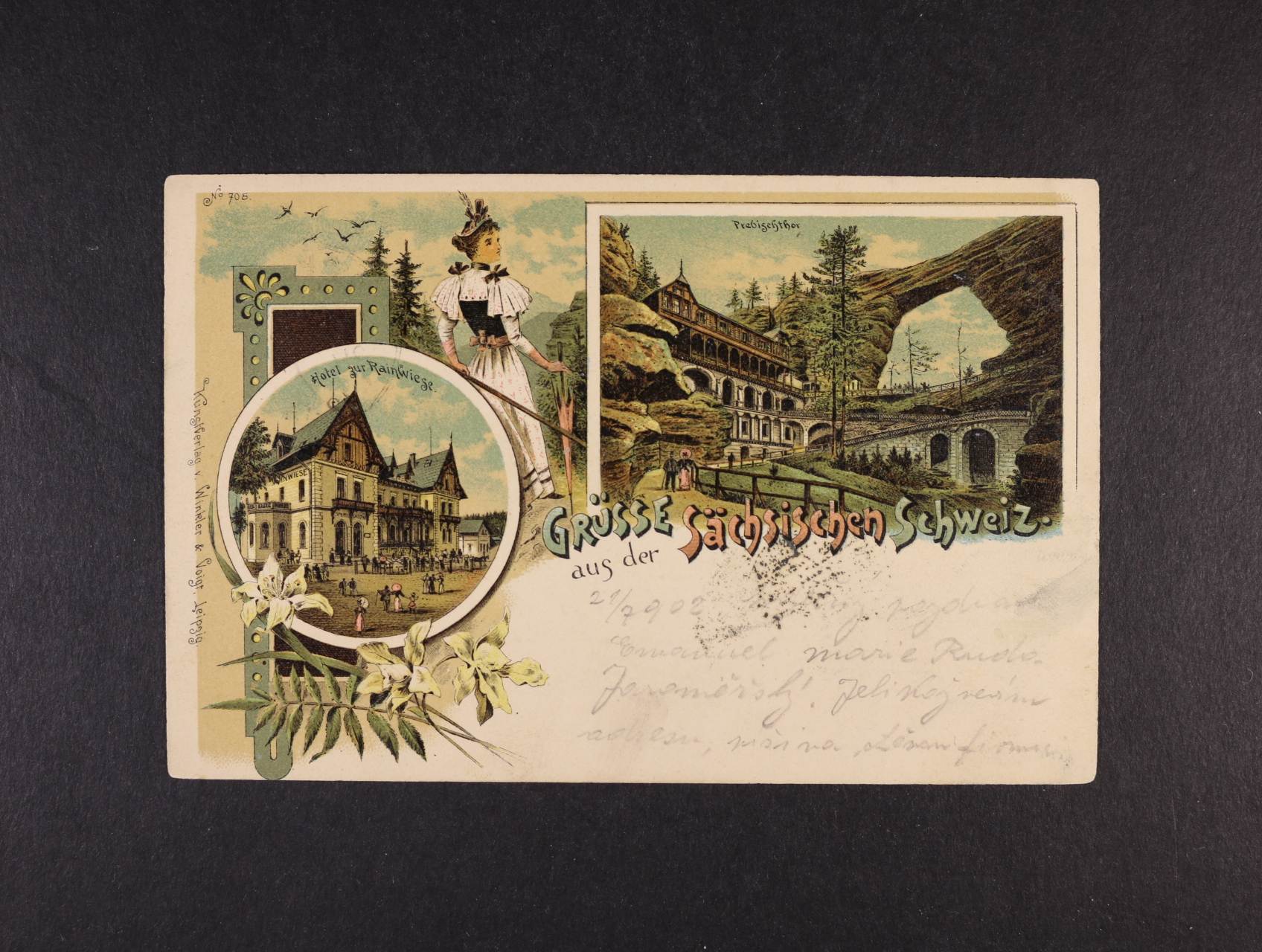 Mezná - Saské Švýcarsko - bar. litograf. koláž, dl. adresa, použitá 1902