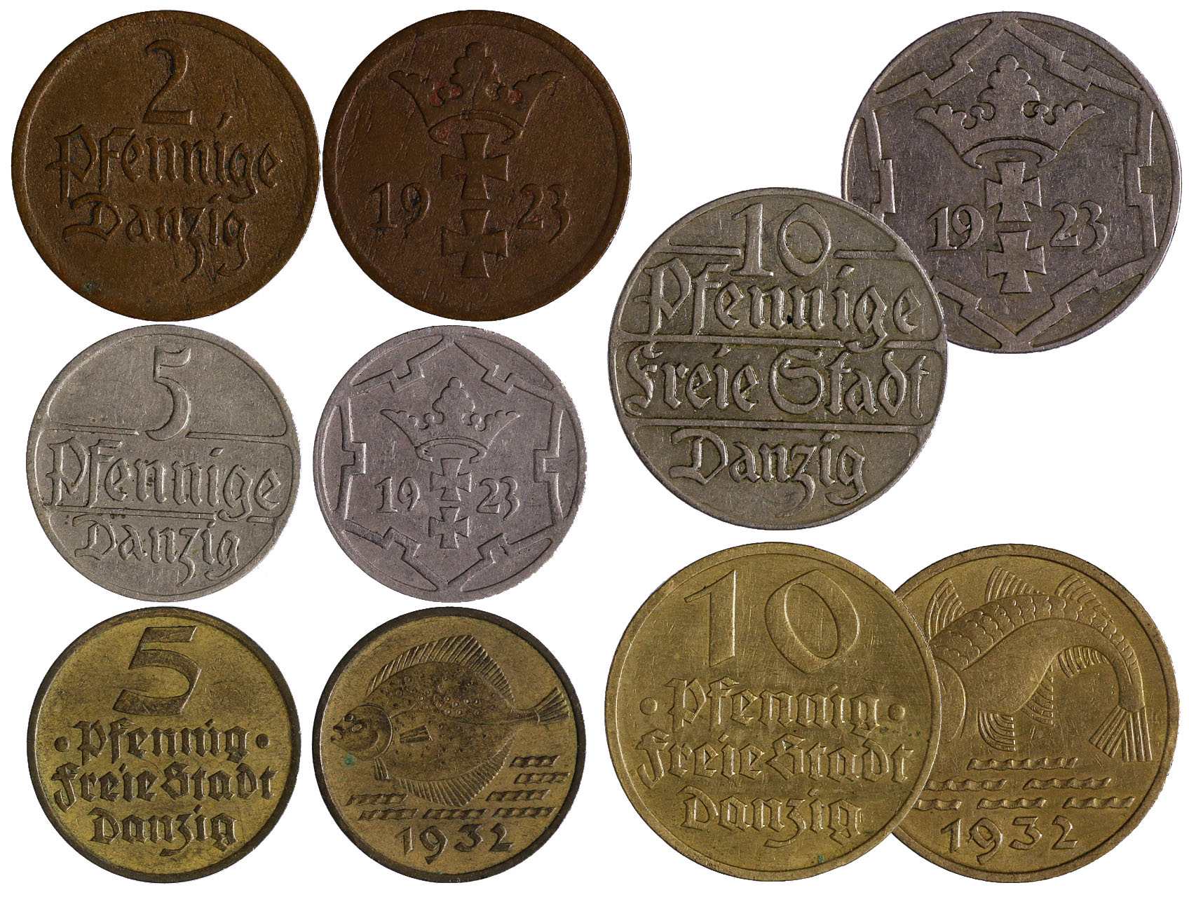 Danzig - 2 Pfennig 1923, 5 Pfennig 1923 a 1932, 10 Pfennig 1923 a 1932, celkem 5 ks.