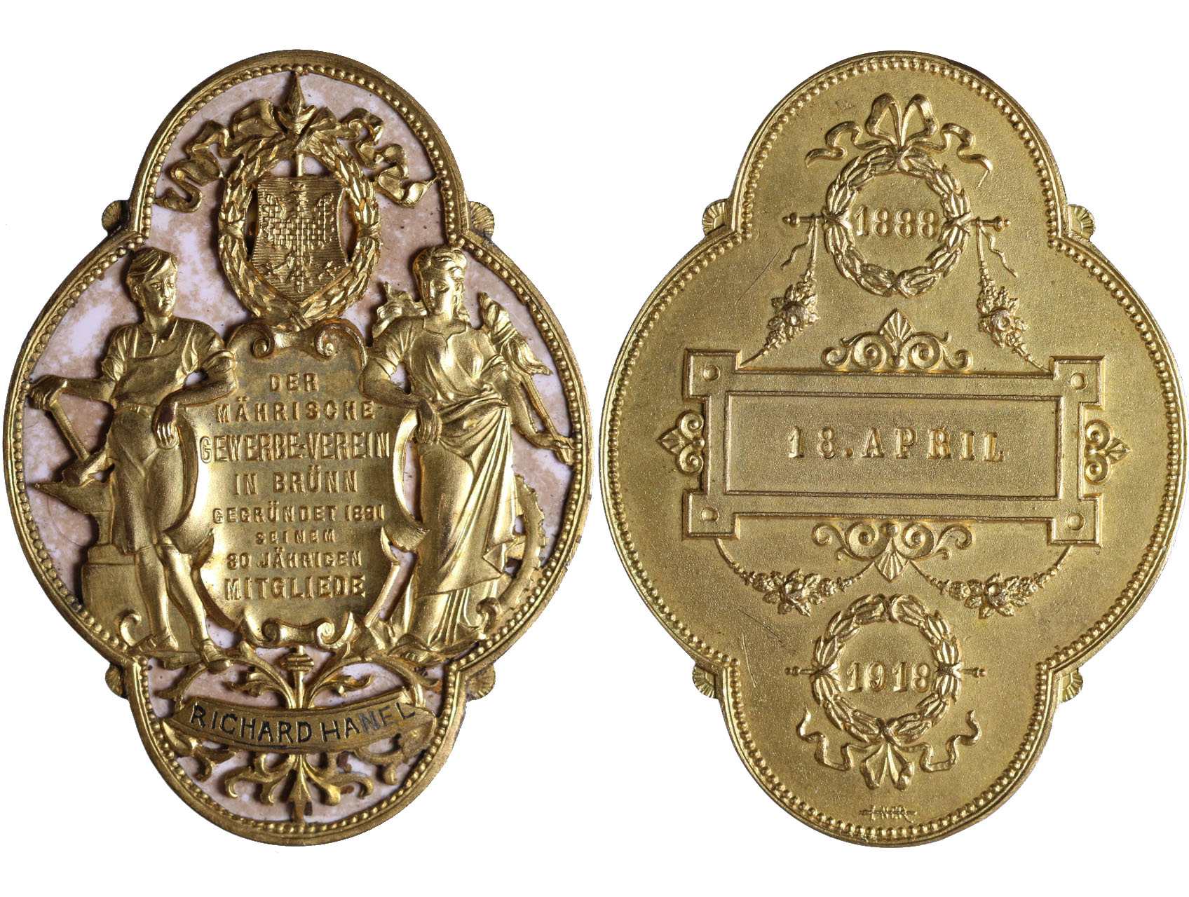Spolkové - Pamětní plaketa moravského obchodního sdružení Brno ke 30. letému členství 1888-1918 udělená Richardu Hanelovi, pozlacený bronz, smalt, 57x42.5 mm, původní etue
