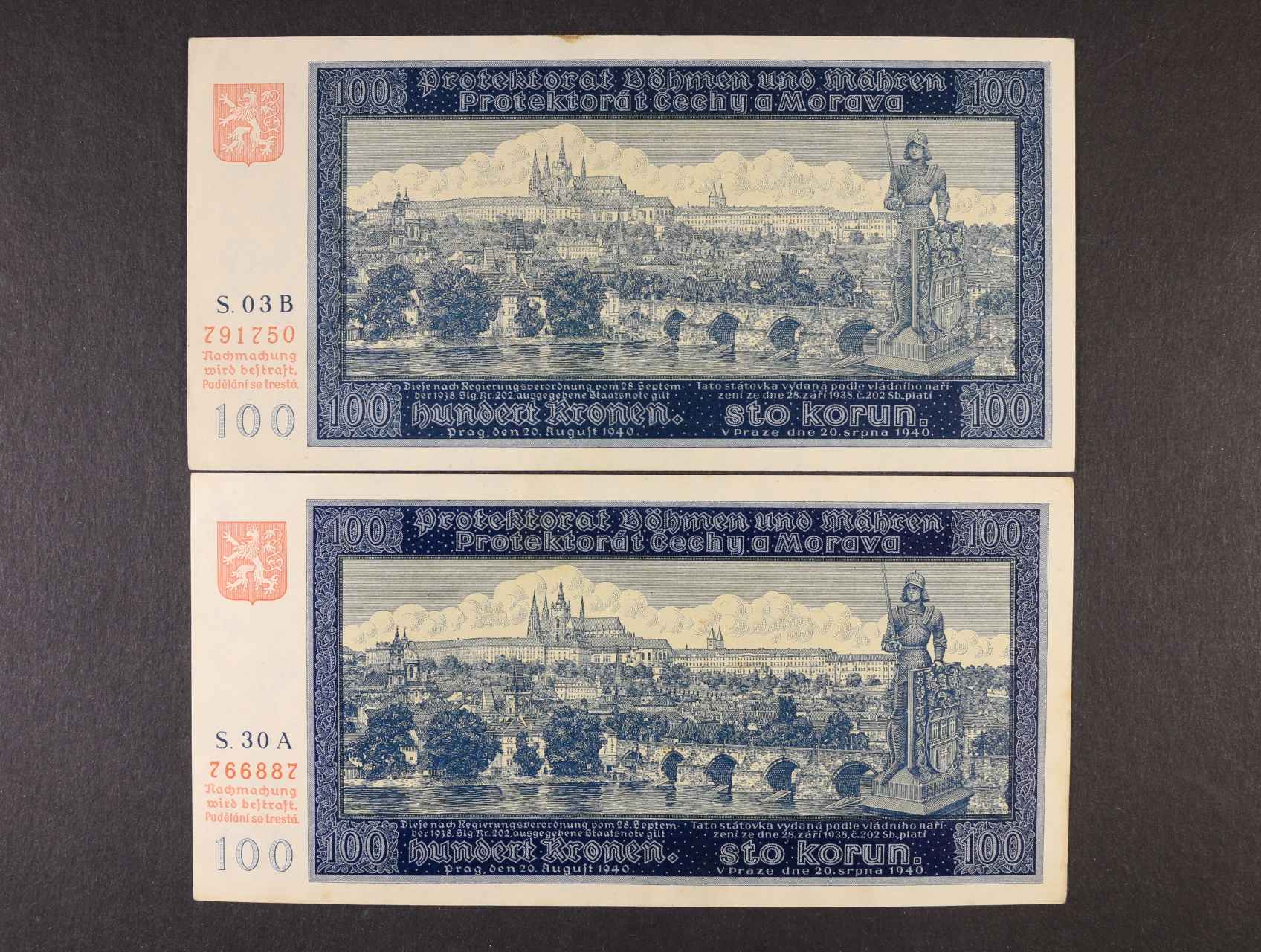 100 K 20.8.1940 I.vydání série 30 A, 03 B, Ba. 32, Pi. 6, 2ks