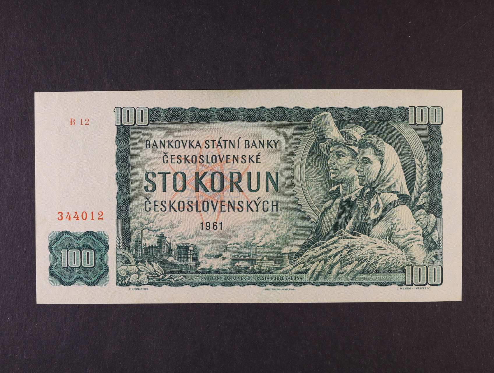 100 Kčs 1961 série B 12, vodoznaková výztuž líci bankovky, Ba. 98a1, Pi. 91
