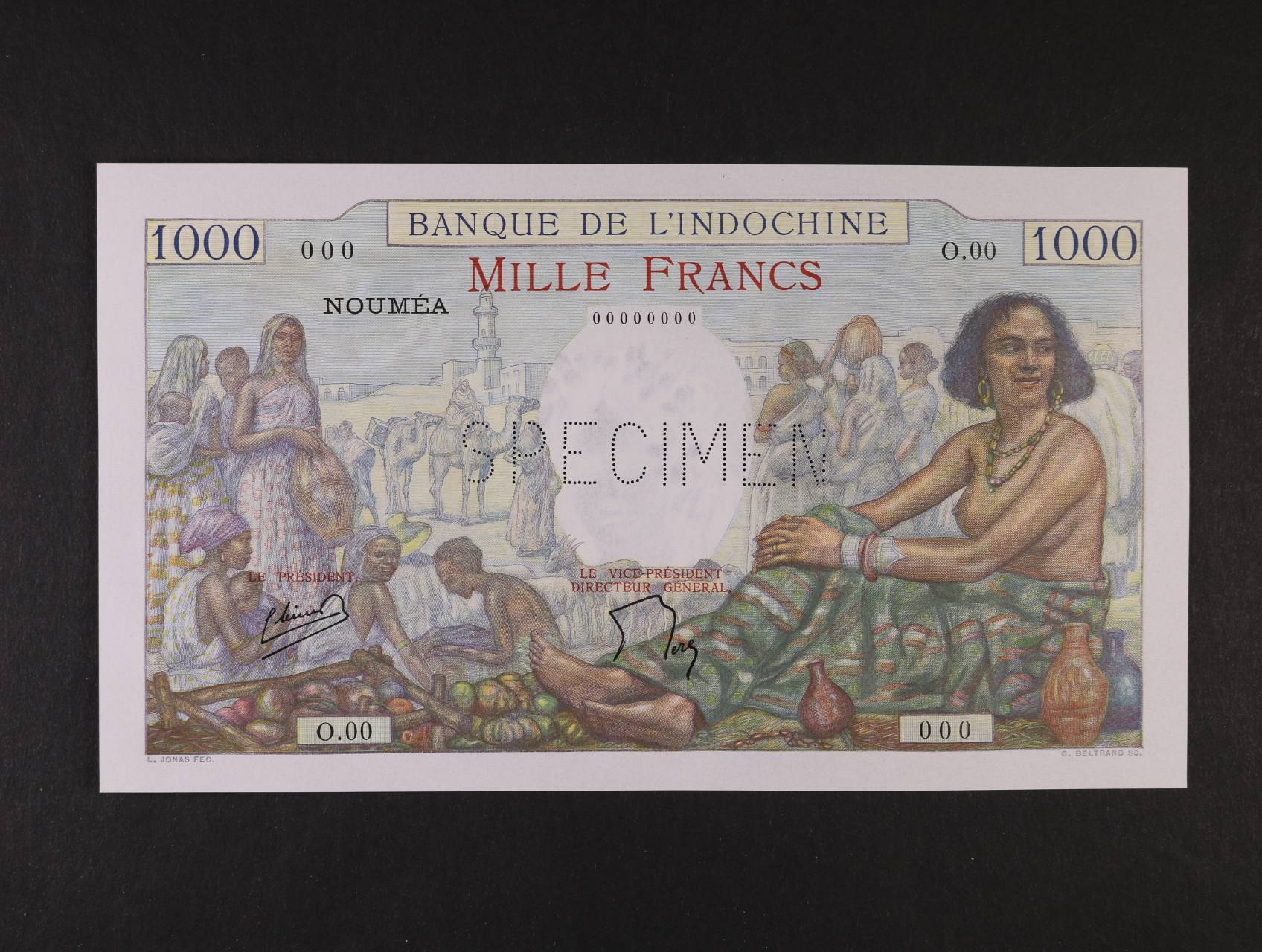 1000 Francs b.d. (1940-65) anulát s perf. SPECIMEN, Pi. 43s