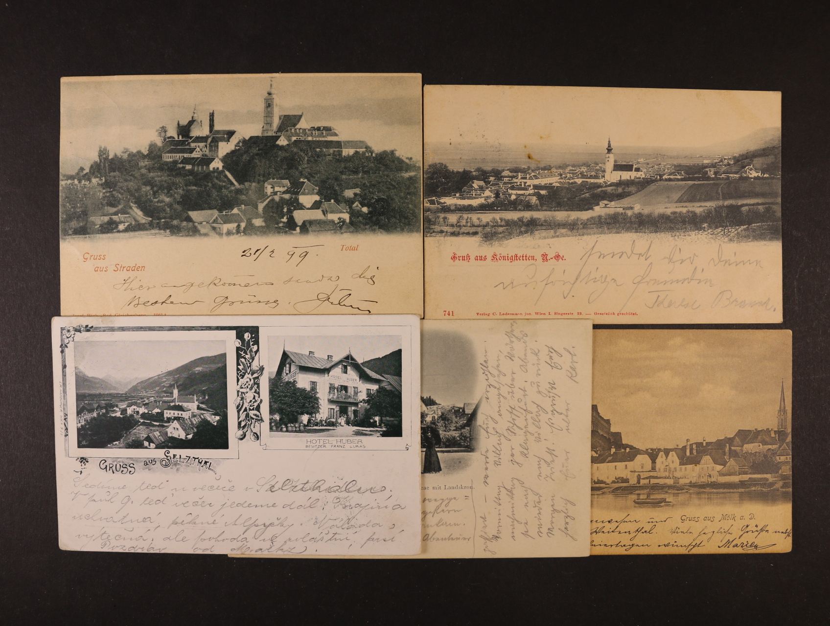 sestava 5 ks jednobar. pohlednic - Selztahl, Königstetten, Straden, Mölk a D., Villach, dl. adresy, použité 1899 - 1906