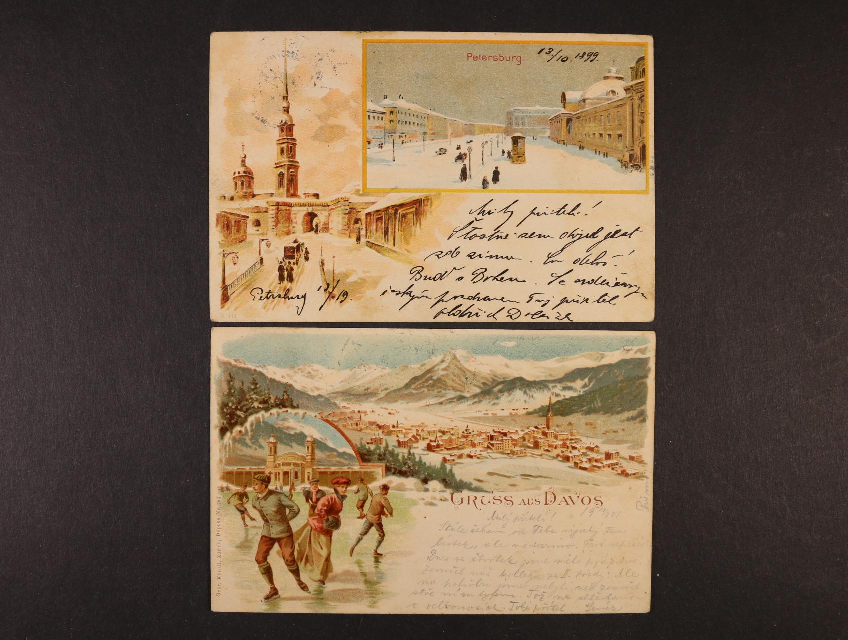 Śvýcarsko - dvě bar. litograf. pohlednice Davos a Petersburg zimní náměty, použité 1899, 1902