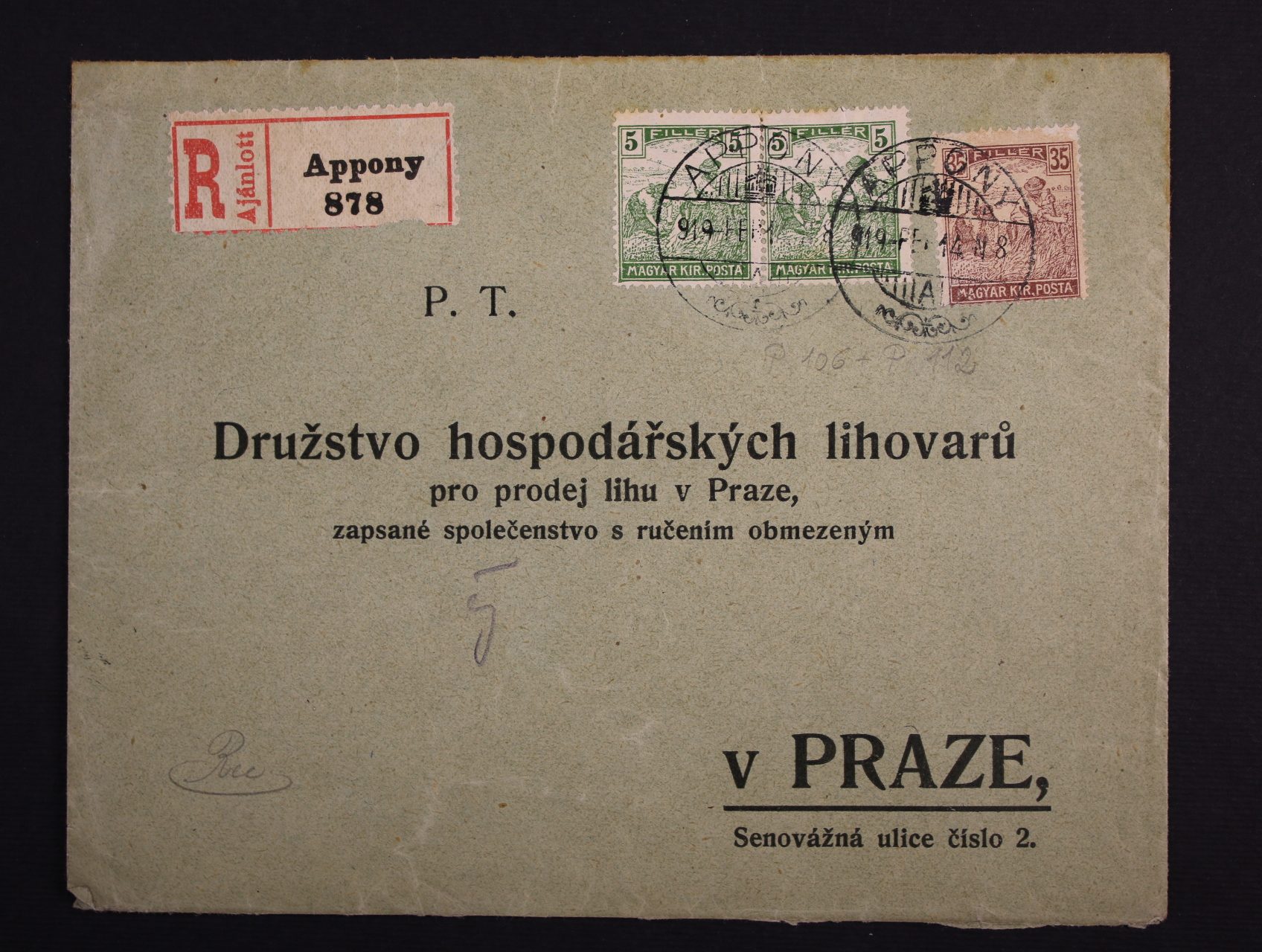 firemní R-dopis do Prahy frank. uher. zn. Mi. č. 192 ve dvoupásce + zn. Mi. 198, pod. raz. APPONY 14.2.1919 (Oponice)