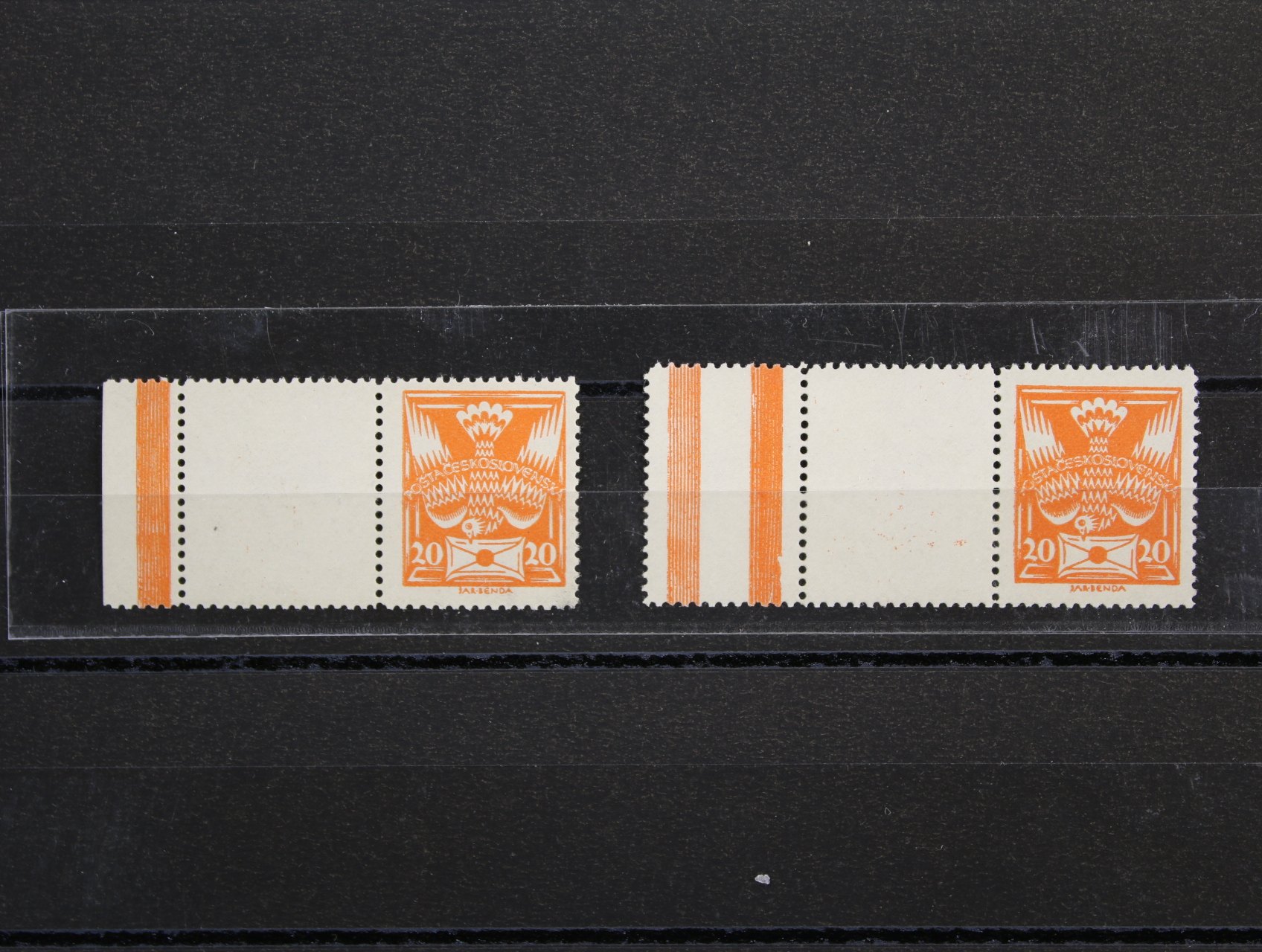 zn. č. 148 B 20h oranžová s levým kuponem a okrajem a zn. 148 B se dvěma kupony vlevo