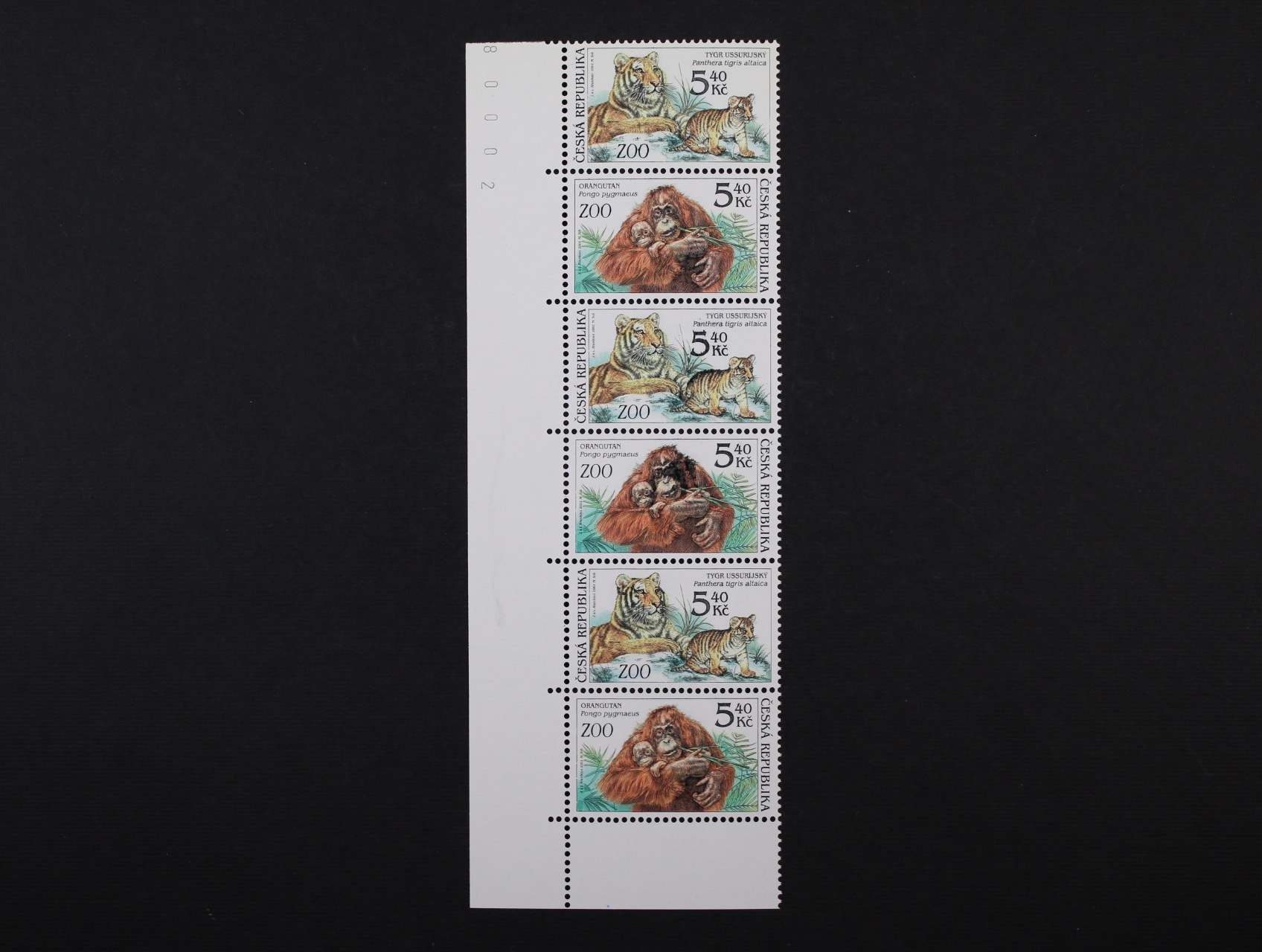 zn. č. 302/3 - levá svislá spodní roh. 6ti-páska s velkou výr. vadou velká černá skvrna na obličeji a rameni orangutana (třetí zn. od spodu)