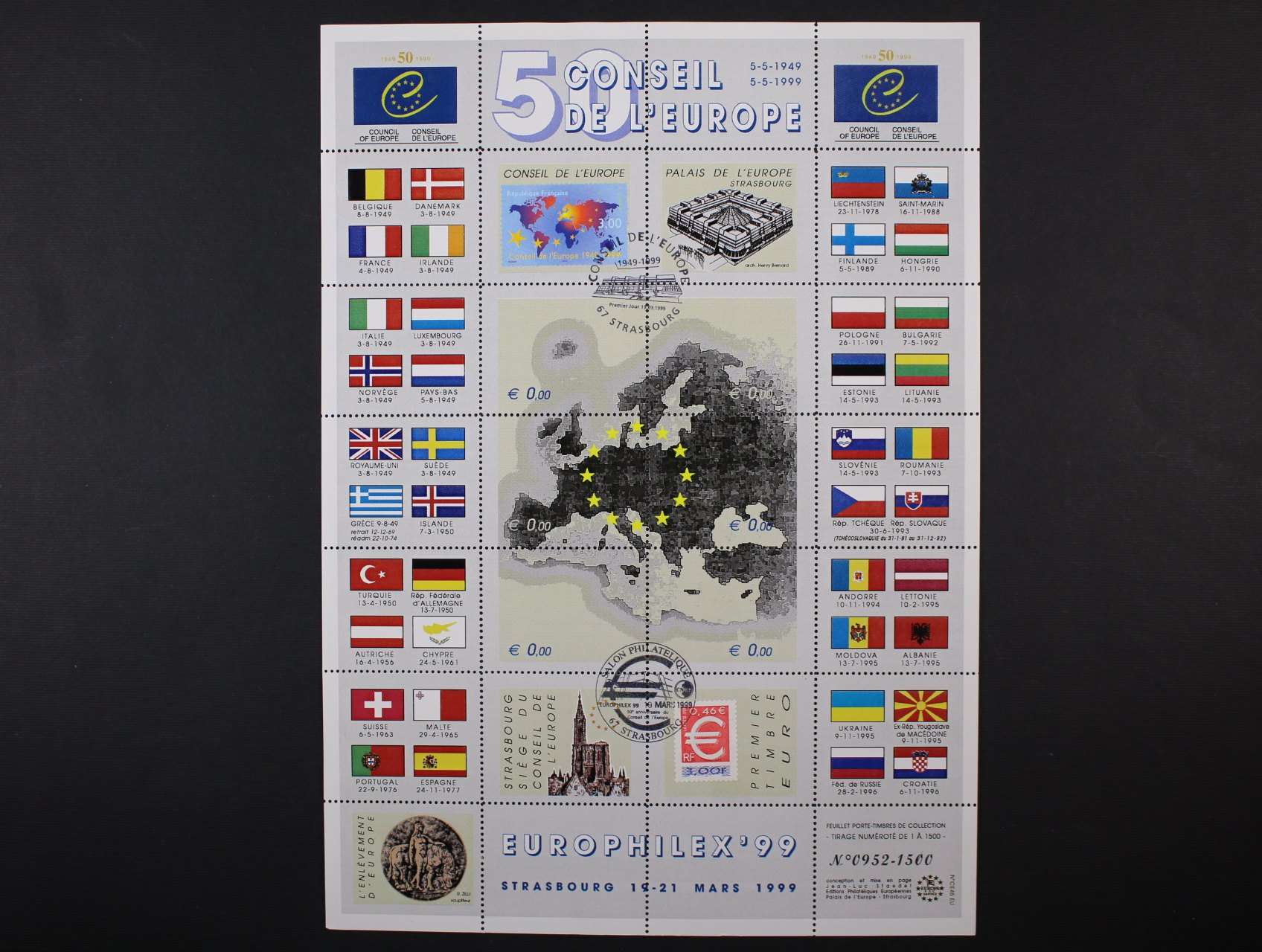 pam. list 50 CONSEIL DE Ľ  EUROPE vydaný k výstavě EUROPHILEX 99 STRASBOURG 19 - 21 MARS. 1999, číslovaný, náklad 1500 ks