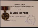 Čestný odznak Českého svazu protifašistických bojovníků + dekret