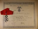 Řád čestné Legie Komandér, 3. republika 1870 - 1951, zlato, stříbro zlacené, puncováno, opravovaný bílý smalt v cípech kříže, původní stuha, dekret na jméno gen. Alois Podhajský