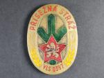 Odznak Přísežná stráž, vojenské lesy a statky, období 50. let, č. VLS 0397, mosazný silný plech, smalty, 69x50 mm, upínání na svislou jehlu, opravený úchyt