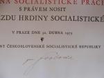 Vzácný dekret k Zlaté hvězdě hrdiny socialistické práce ČSSR s podpisem generála Svobody